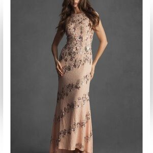 Mac Duggal Pink Nude Silver Embellished Bateau Gown